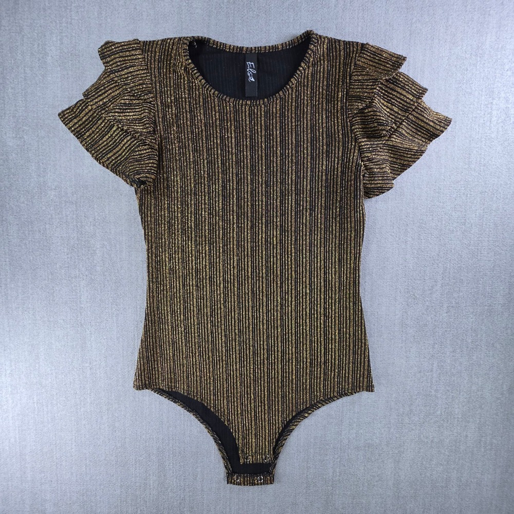Elsie‎ Bodysuit Womens One Size Gold Black Metallic Ruffle Sleeve Ribbed Striped